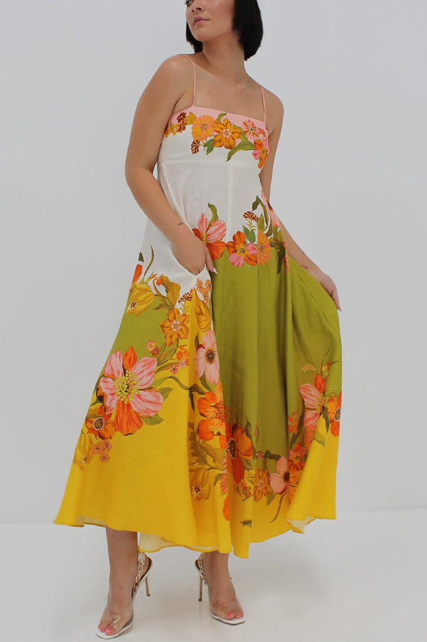 Malakai Linen Blend Contrast Print Back Smocked Pocket Maxi Dress