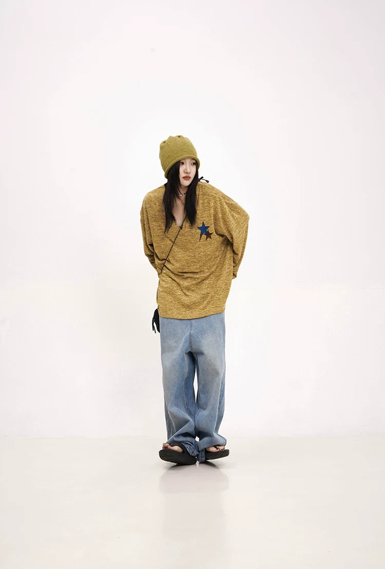 Mustard Yellow Knit Sweater With Star Patch
