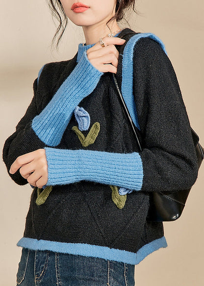 Blue O-neck Patchwork Cotton Knit Sweaters Winter Wv005