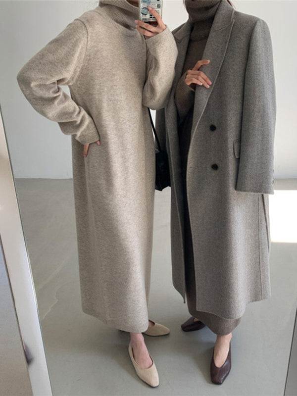 Khaki High-neck Long Sleeve Sweater Dress An1061