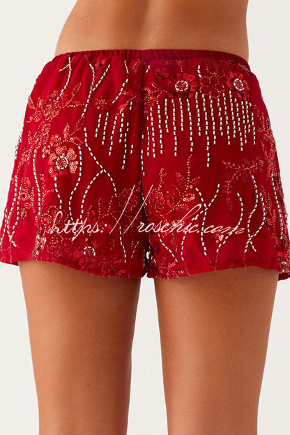Dazzling Sequin Beaded Material Low Rise Elastic Waist Loose Shorts