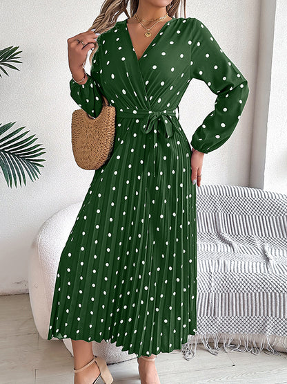 A-line High Waisted Elasticity Pleated Polka-dot Split-joint Tied Waist V-neck Midi Dresses Shirt Dress