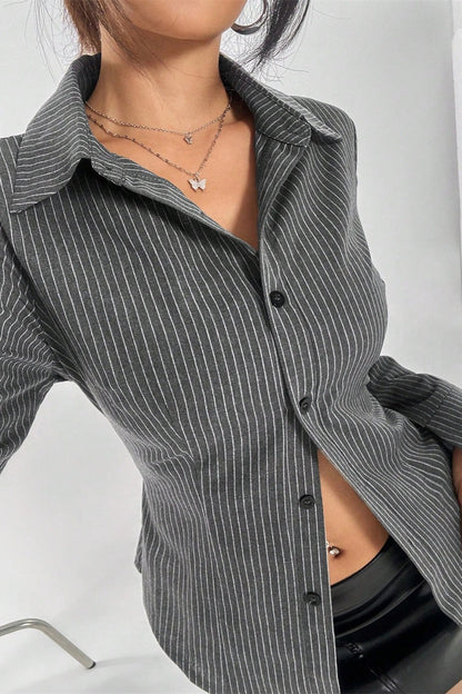 Striped Buttoned Long-sleeve Blouse