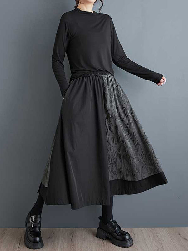 Black Loose High Waisted Pockets Patchwork Jacquard Texture Wide Leg Pants Culotte Ws002
