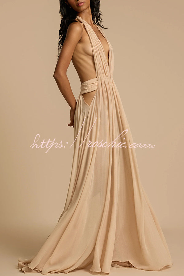 Ethereal Moment Tulle Cutout Ruched Waist Backless Halter Maxi Dress