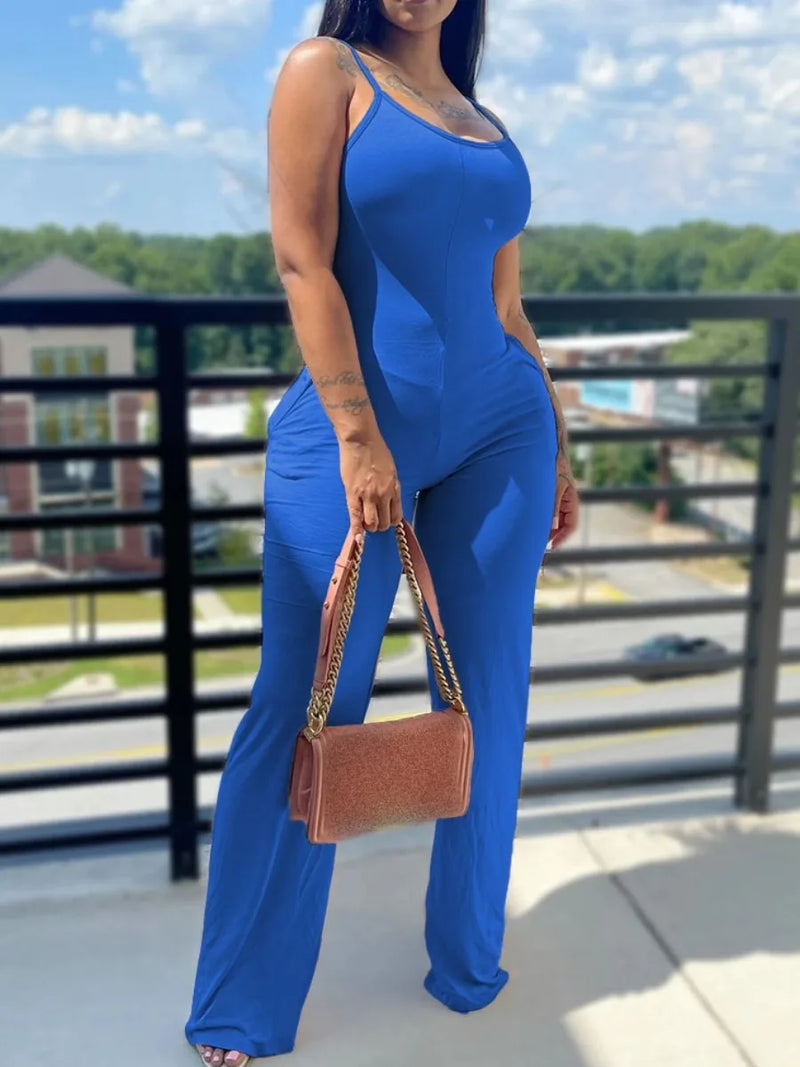Printed Color Suspender Jumpsuit Round Neck Sleeveless Jumpsuit Basic Outfits
