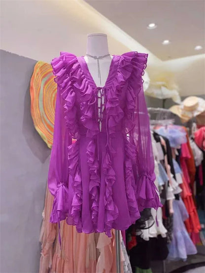 V-neck Lace-up Ruffled Mini Dress – Summer Mesh Bandage High Waist Party Gown