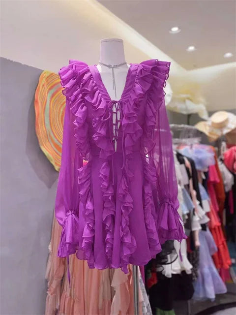V-neck Lace-up Ruffled Mini Dress – Summer Mesh Bandage High Waist Party Gown