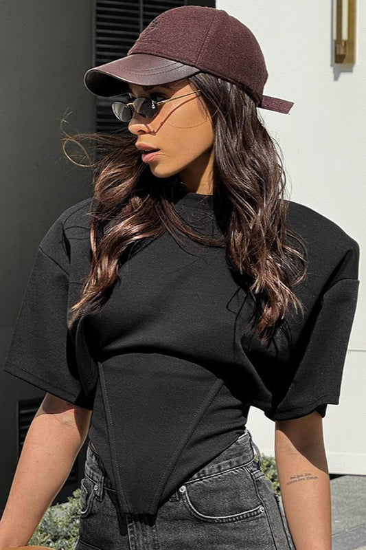 Wide Shoulder Tie Waist Elbow Sleeve T-shirt