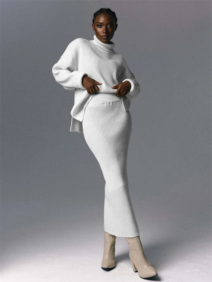 Ribbed Knit 2 Piece Dress Set Outfits Knitwear Top and Midi Skirt Sets for Winter Sweater Sets