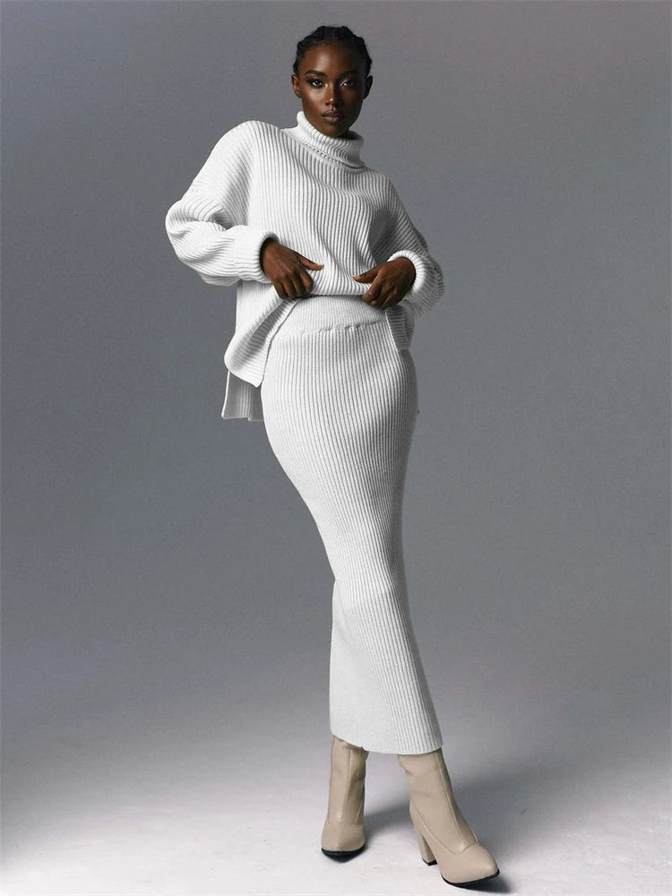 Knitted 2 Piece Outfit Set Long Sleeve Sweater Top and Pencil Long Skirts Autumn Two Piece Sweater Sets