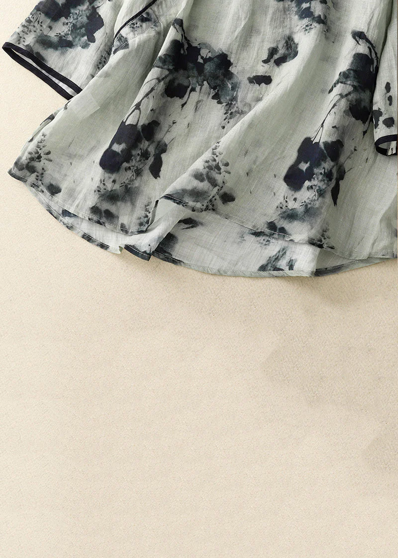 Grey Button Grace Cotton Blouses O Neck Bracelet Sleeve Qr026