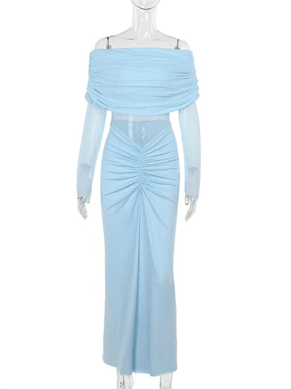 Pleated Mesh Off-shoulder Maxi Dress Female See-through Patchwork High Waist Gown Dress ’s Long Dress