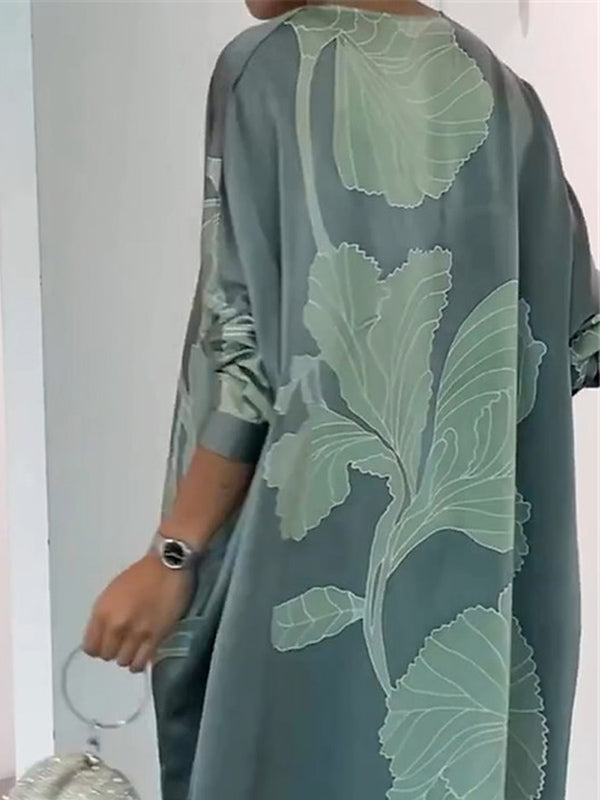 Long Sleeves Buttoned Contrast Color Flower&leaves Print Muslim V-neck Maxi Dress