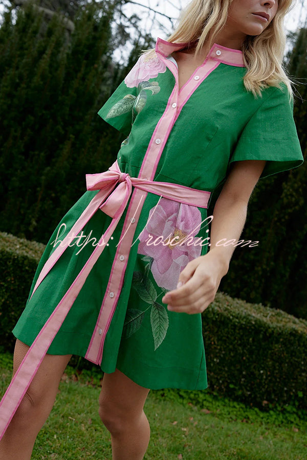 Print Short Sleeve Button Waist Mini Dress