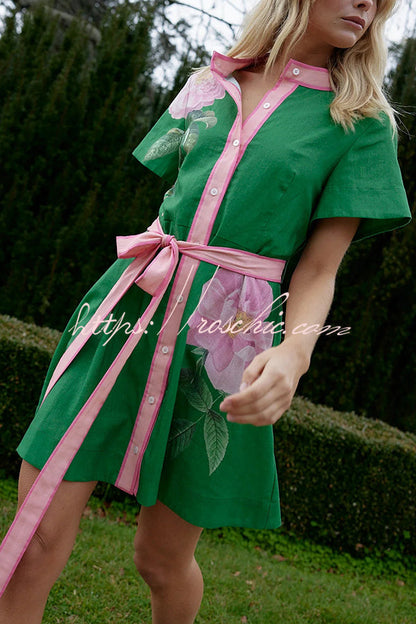 Print Short Sleeve Button Waist Mini Dress
