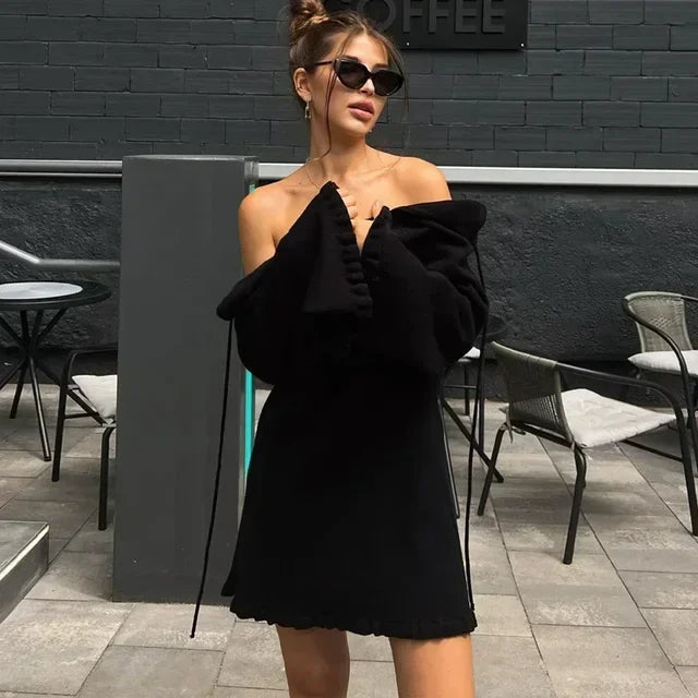 Backless Knitted Mini Dress for Lace Up Long Sleeve Short Dresses Hot Club High Waist Dress Femme