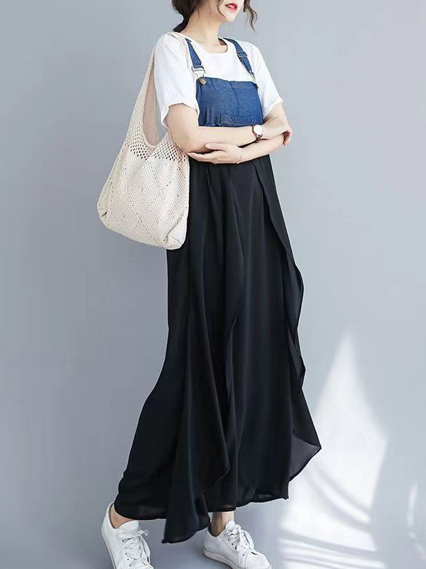 Irregularity Loose Falbala Split-joint Spaghetti-neck Maxi Dresses