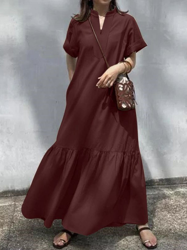 A-line Loose Color Split-joint V-neck Maxi Dresses
