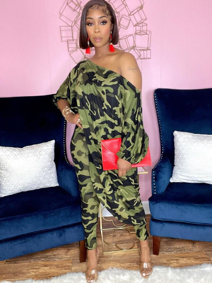 One Shoulder Camo Print Asymmetrical Pants Set Ar7093