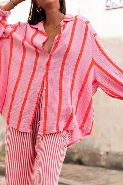 Striped Long-sleeve Cardigan Blouse