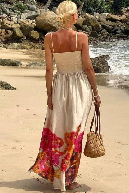 Hidden Garden Satin Print Smocked Tie-up Shoulder Maxi Dress