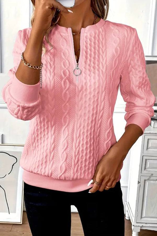 Color Long Sleeve Round Neck Zipper Sweatshirt