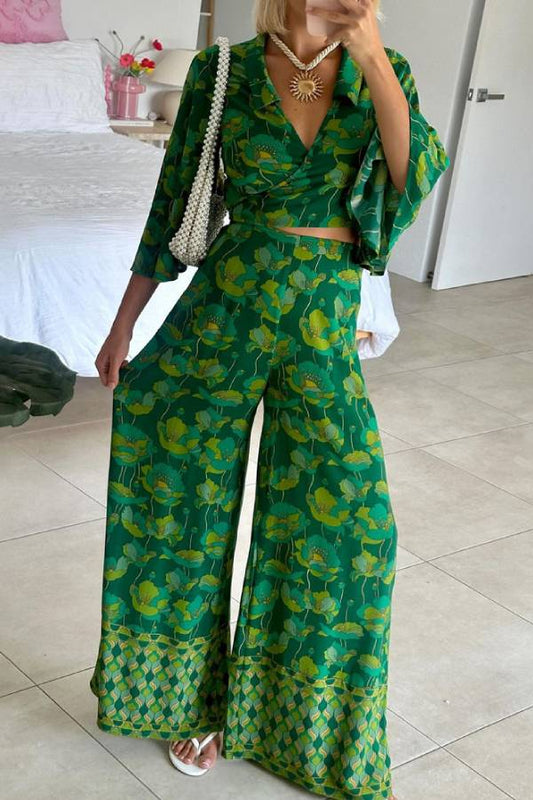 V-neck Lace-up Top & Pants Two-piece Set