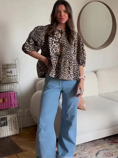 Leopard Shirts for Spring Loose Puff Sleeve Blouse Female Lace Up Cropped Top Ruffled