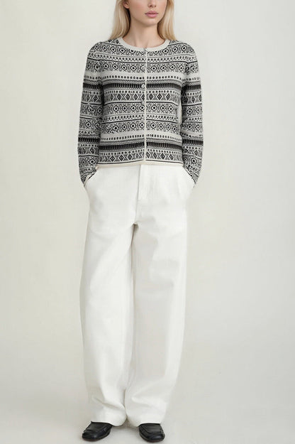 Jacquard Crew Neck Button Knit Cardigan