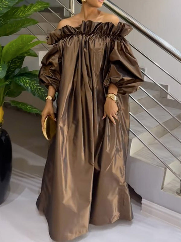 Loose Puff Sleeves Falbala Pleated Color Off-the-shoulder Maxi Dresses