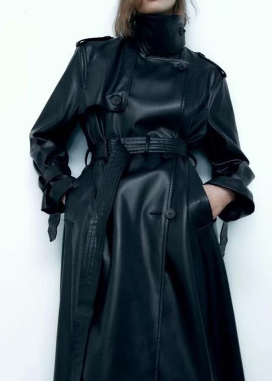 Black Belted Long Leather Wind Coat for