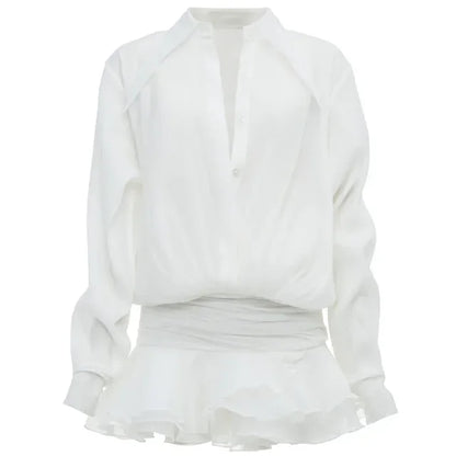 White Chiffon Mini Dress for Loose Oversized Pleated Mini Dress See-through Summer Beach Shirt Dress