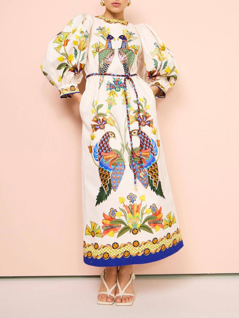 Exquisite and Fun Printed Puff Sleeves Loose Midi Dress