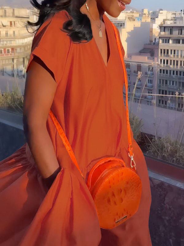 Loose Short Sleeves Pleated Pockets Color Split-joint V-neck Maxi Dresses