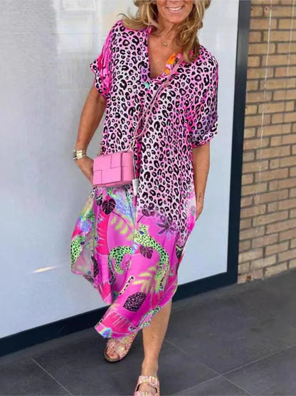 Leopard Print Patchwork Dresses V-neck Short Sleeves Pocket Loose Slit Midi Dress Lady Vestidos Summer New