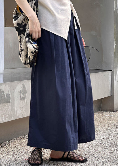 New Navy Pockets Elastic Waist Cotton Crop Pants Summer Af1077