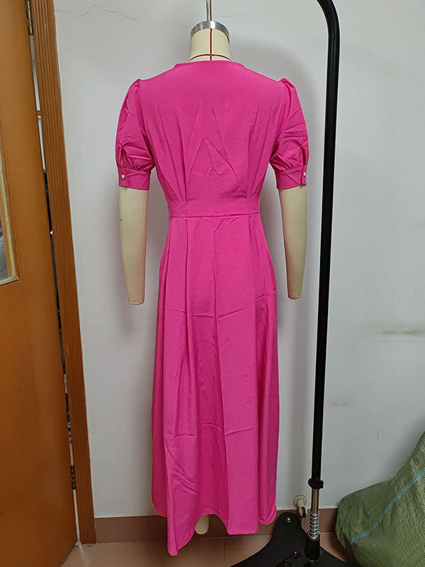 Puff Sleeves Short Sleeves Buttoned Color Round-neck Midi Dresses Shirt Dress