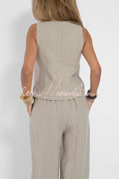 Eddie Linen Blend Button Vest and Elastic Waist Pocketed Wide Leg Pants Set