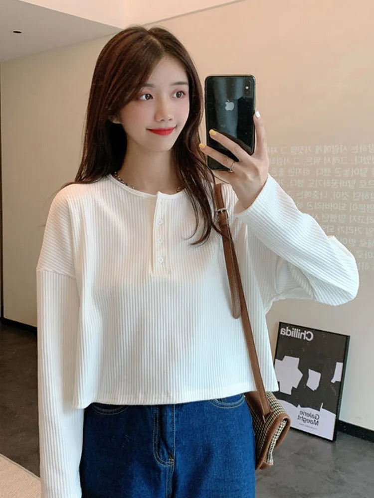 Long Sleeve T-shirts Simple Pure Button Design Retro Ins Autumn Tees Top All-match Bf Style Mujer Clothes