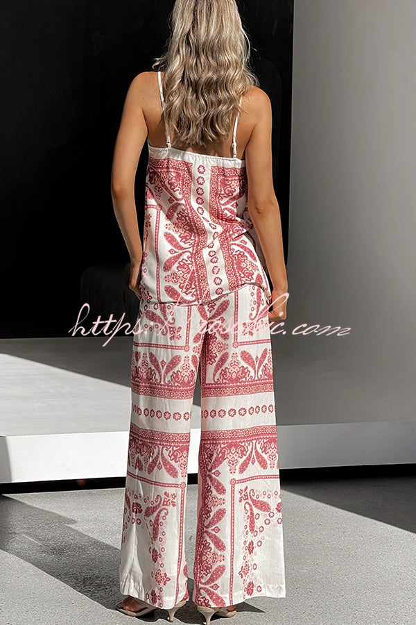 Unique Print Loose Tank Top and Elastic Waist Wide Leg Straight Pants Set