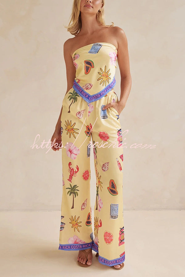 Linen Blend Unique Printed Bandeau Top and Elastic Waist Pocket Pants Set