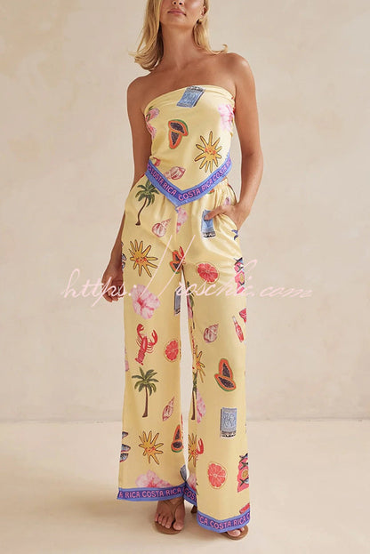 Linen Blend Unique Printed Bandeau Top and Elastic Waist Pocket Pants Set