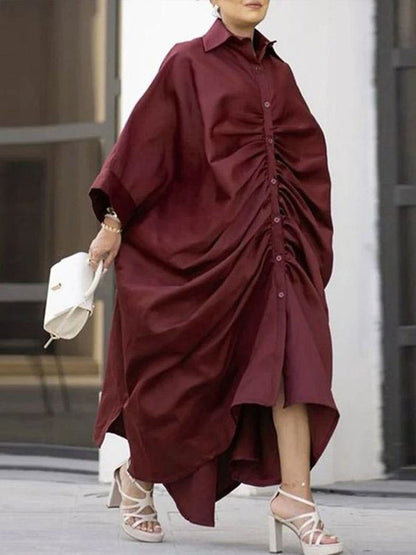 Long Sleeves Loose Buttoned Pleated Color Lapel Maxi Dresses Shirt Dress