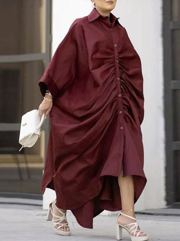Long Sleeves Loose Buttoned Pleated Color Lapel Maxi Dresses Shirt Dress