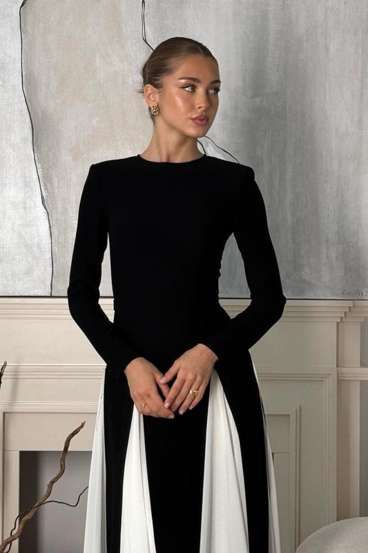 Contrast Color Double-layered Tulle Long-sleeved Maxi Dress