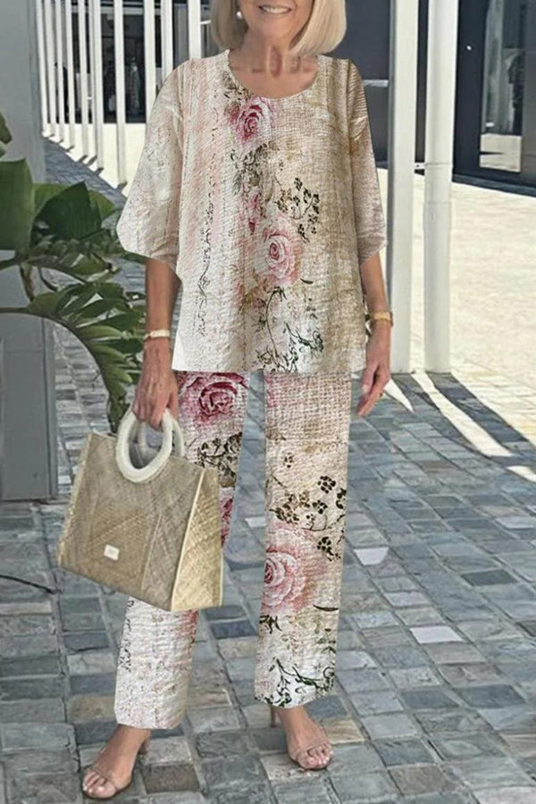 Round Neck Half Sleeve Loose Top and Elastic Waist Straight Pants Set