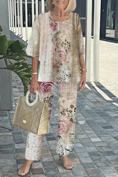 Round Neck Half Sleeve Loose Top and Elastic Waist Straight Pants Set