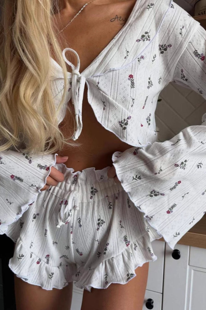 Short Cardigan Hollow Out Long Sleeve Shorts Loungewear Two Piece Set