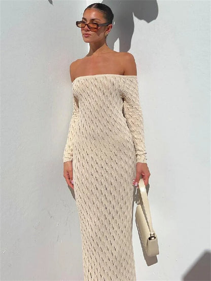 Knit Off-shoulder Maxi Dress – Patchwork Hollow Out Knitwear Dress